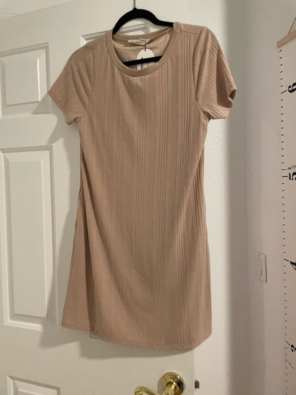 Ribbed Short Sleeve Shift Dress in Neutral Beige